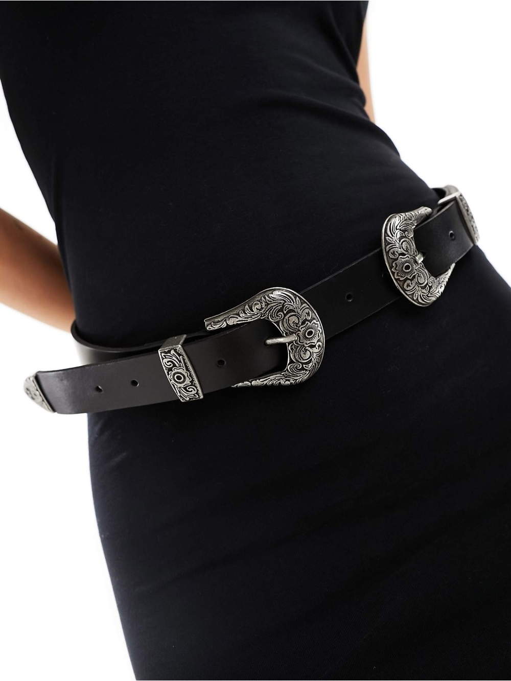 Black Leather Silver Double Buckle Western Belt - XL